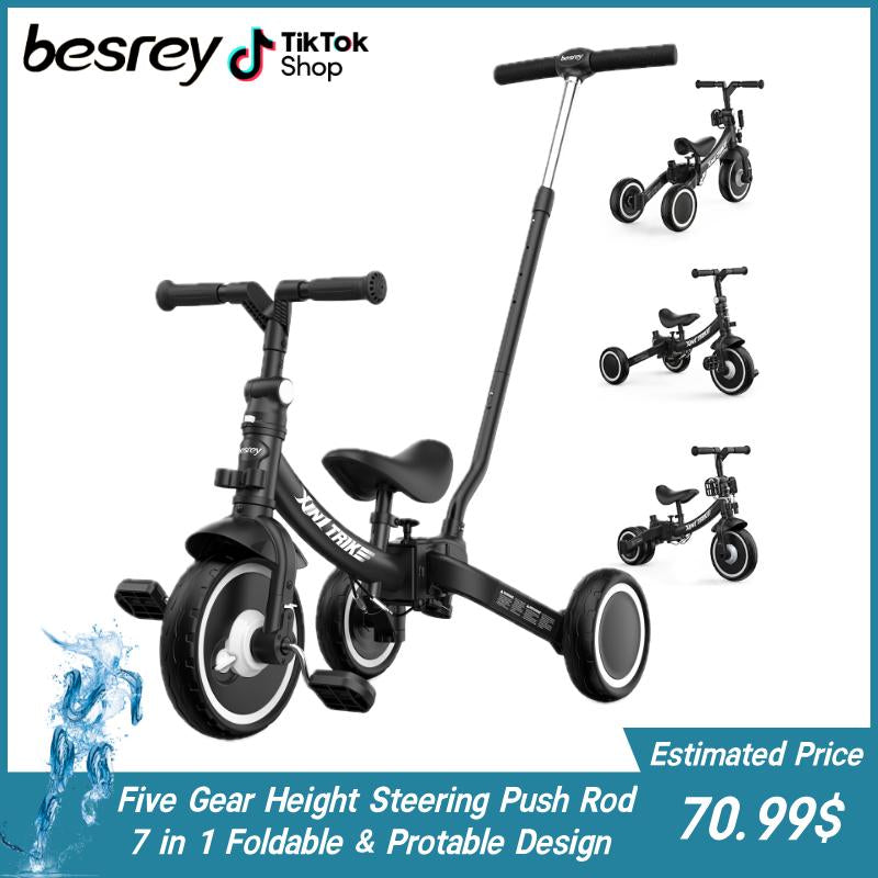 Besrey 7-In-1 Tricycle for Kids Pink Tricycle Steering Handlebar Foldable Tricycle for Children Large Wheels Removable Pedals Height-Adjustable Seat Baby Car